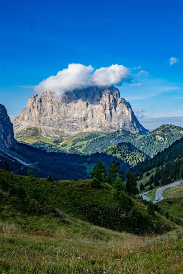 The Sassolungo above a pass in the Dolomites, Italy